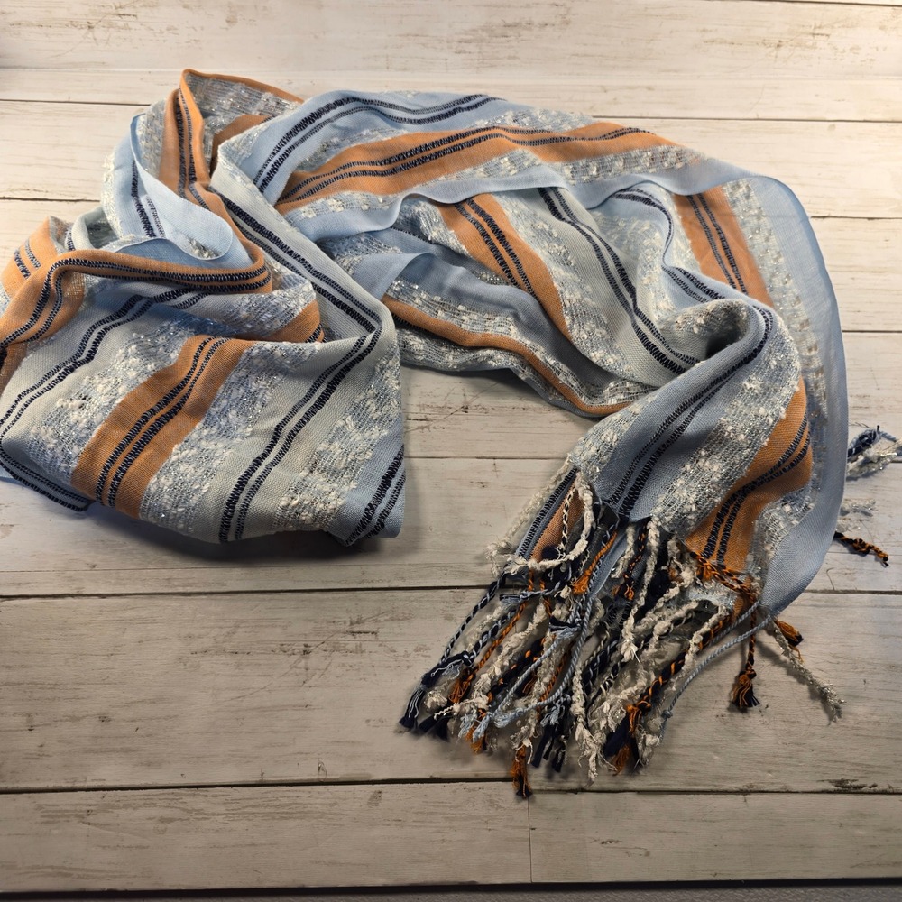Charming Charlie Blue Orange Striped Metallic Fringe Scarf Lightweight Wrap